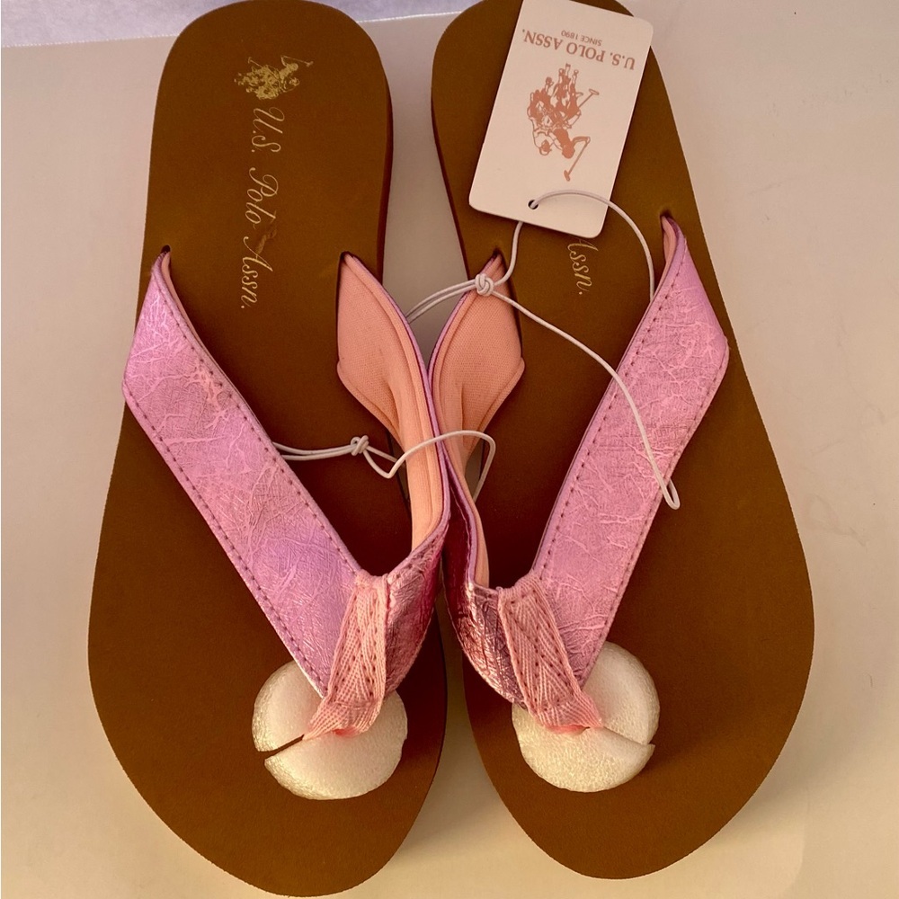 NWT US Polo Assn. Women's 8 Sandals. Pink Padded Straps, Cushioned Tan Footbed - Picture 5 of 10